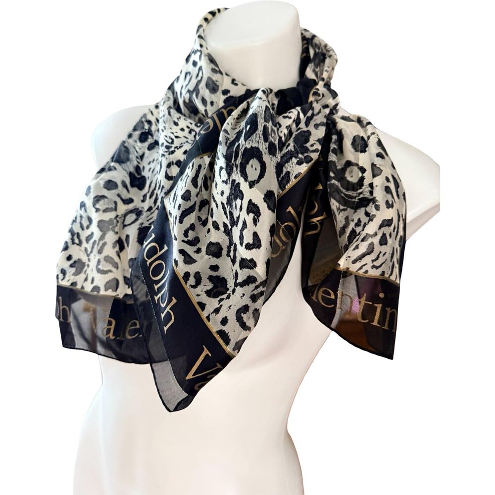 Vintage Rudolph Valentino Silk Leopard Print Scarf 1980s Black Gold Border 35x35 - Picture 6 of 9